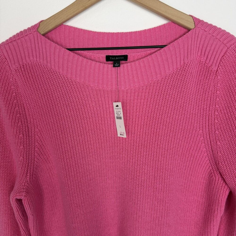 Talbots Sweater Womens Large Pink Cotton Boat Neck Knit Pullover Long Sleeve